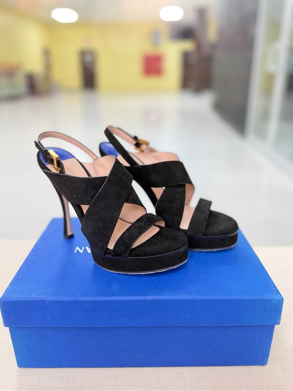 Stuart Weitzman Black Suede Crisscross Platform Slingback Heels